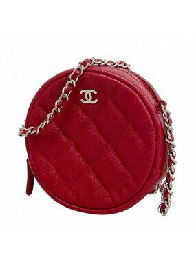 Chanel Shoulder Bag Quilted Caviar Leather Red Silver